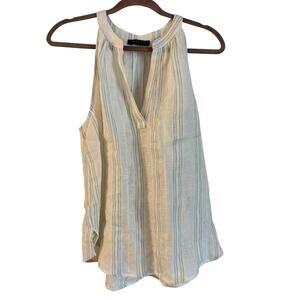 Maven West Women’s 100% linen Tank Top Striped V Neck Medium Beige Green
